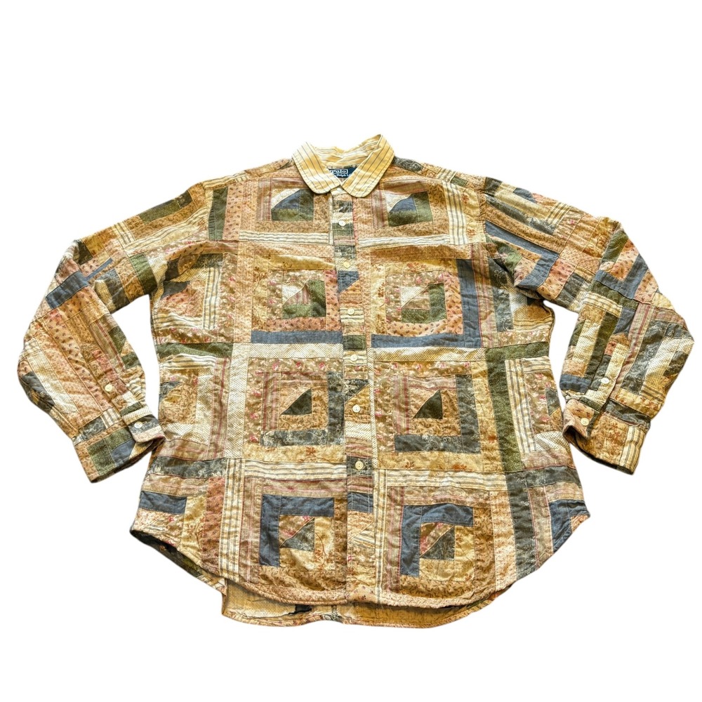 Polo Ralph Lauren Mens XL Patchwork Log Cabin Quilt Button Down Shirt Multicolor - Picture 1 of 11